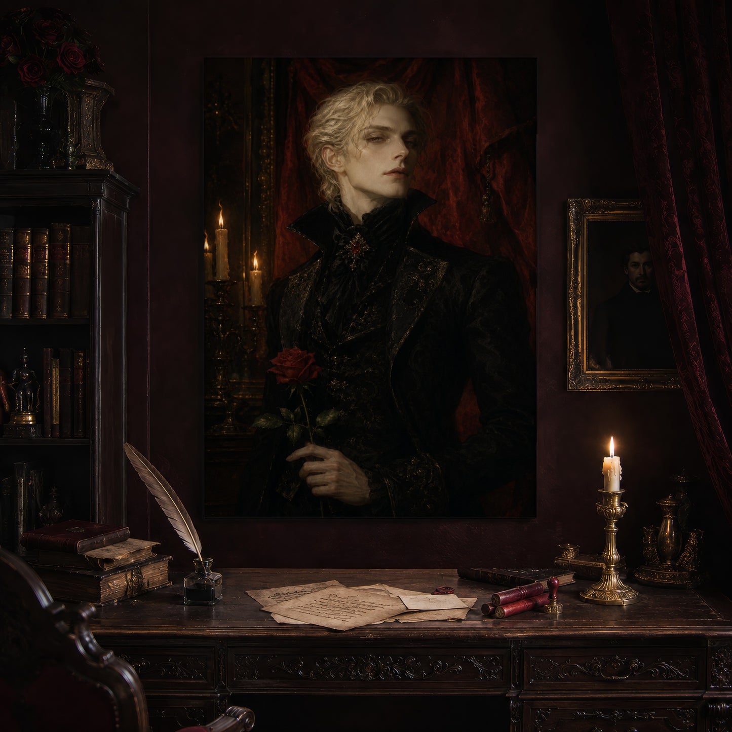 The Aesthete print hanging above an antique carved writing desk set with a quill in an inkwell, aged letters, red wax seals and a lit brass candlestick, beside a dark bookcase and a gilt-framed Victorian portrait.
