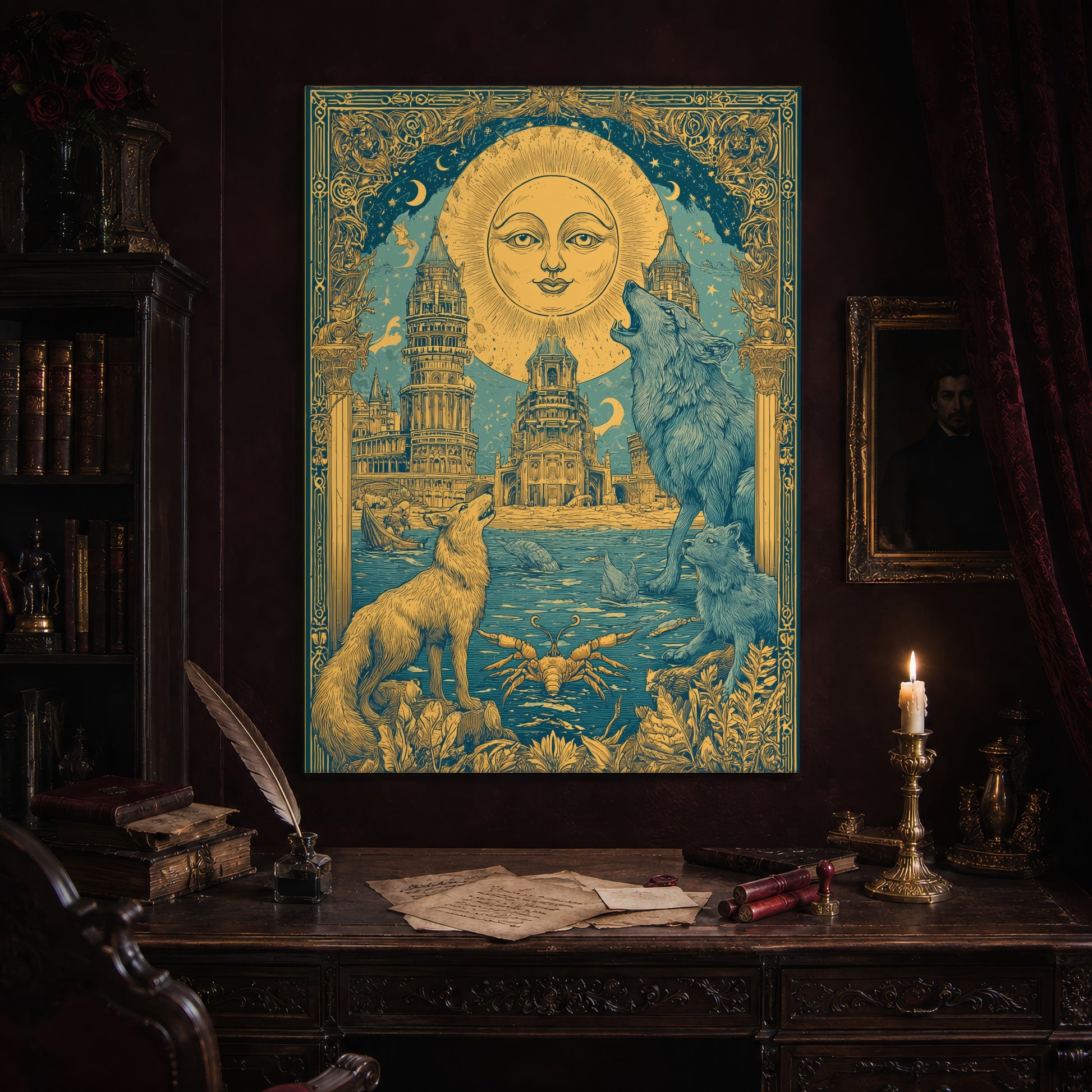 The Sunken Court gothic city print hanging above an antique carved writing desk set with a quill in an inkwell, aged letters, red wax seals and a lit brass candlestick, beside a dark bookcase and a gilt-framed Victorian portrait.