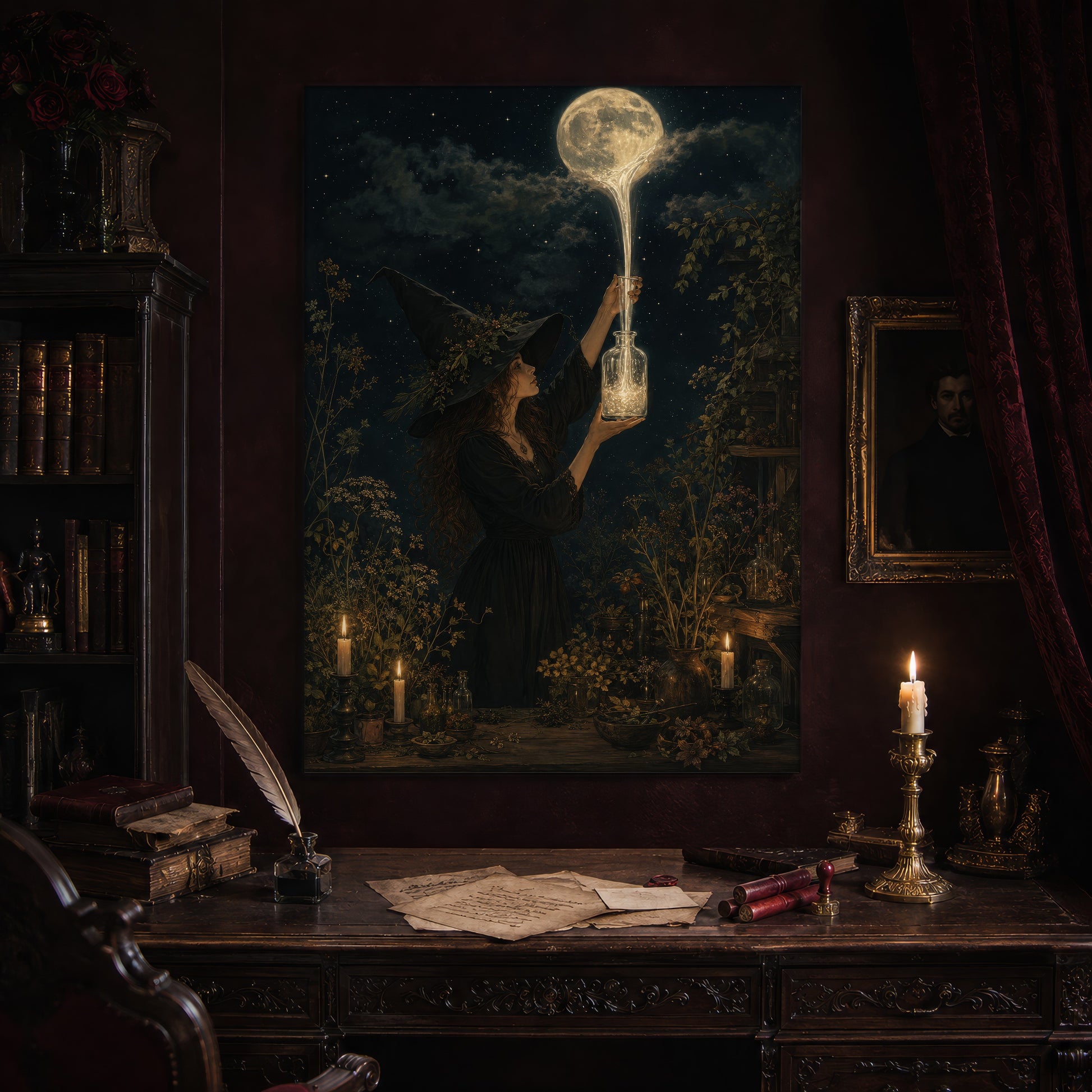 Moonfall print hanging above an antique carved writing desk set with a quill in an inkwell, aged letters, red wax seals and a lit brass candlestick, beside a dark bookcase and a gilt-framed Victorian portrait.