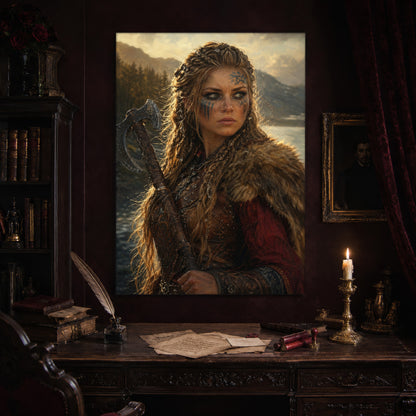 Shieldmaiden print hanging above an antique carved writing desk set with a quill in an inkwell, aged letters, red wax seals and a lit brass candlestick, beside a dark bookcase and a gilt-framed Victorian portrait.