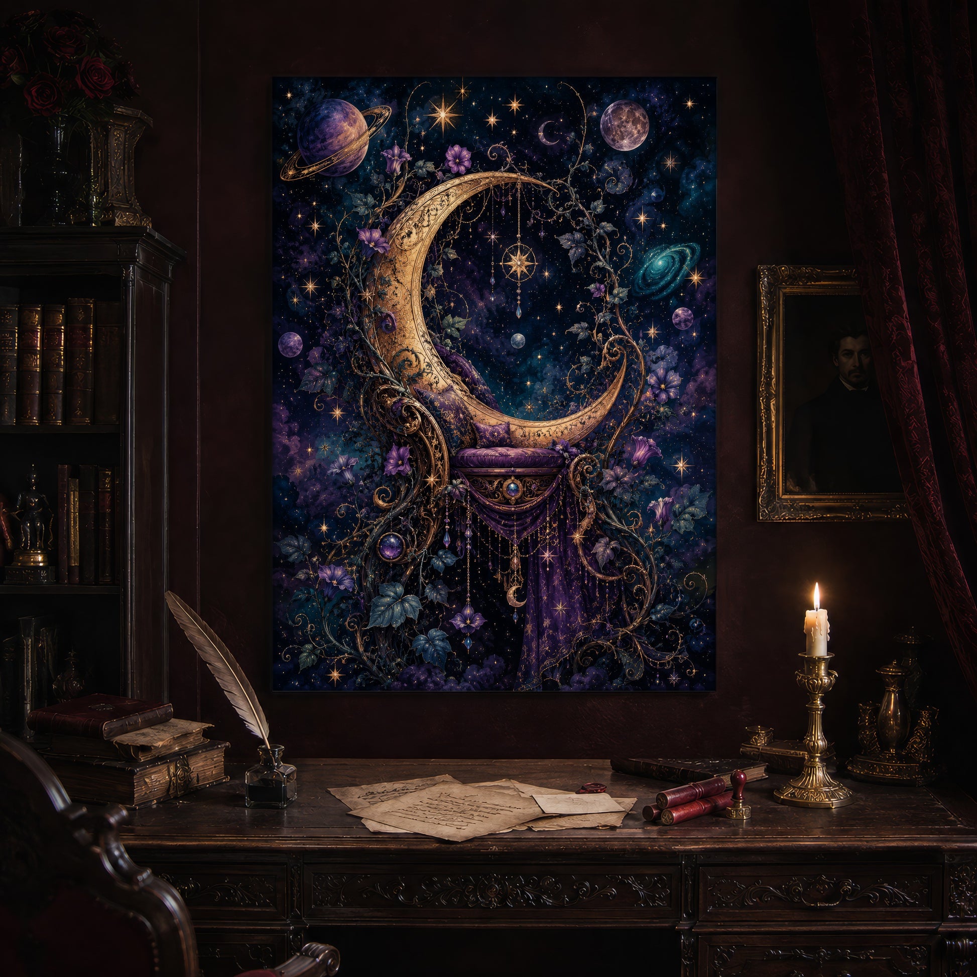The Crescent Court print hanging above an antique carved writing desk set with a quill in an inkwell, aged letters, red wax seals and a lit brass candlestick, beside a dark bookcase and a gilt-framed Victorian portrait.