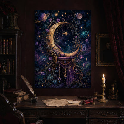 The Crescent Court print hanging above an antique carved writing desk set with a quill in an inkwell, aged letters, red wax seals and a lit brass candlestick, beside a dark bookcase and a gilt-framed Victorian portrait.