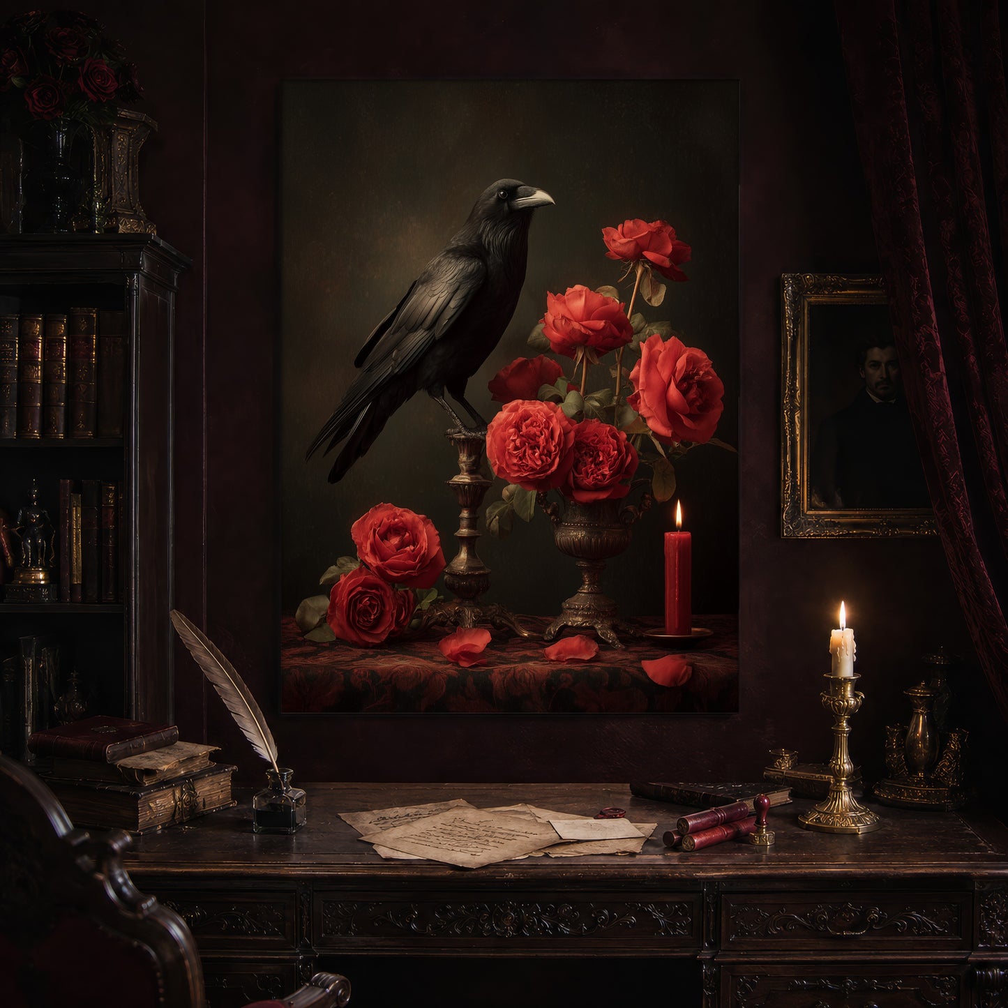 Vermilion print hanging above an antique carved writing desk set with a quill in an inkwell, aged letters, red wax seals and a lit brass candlestick, beside a dark bookcase and a gilt-framed Victorian portrait.