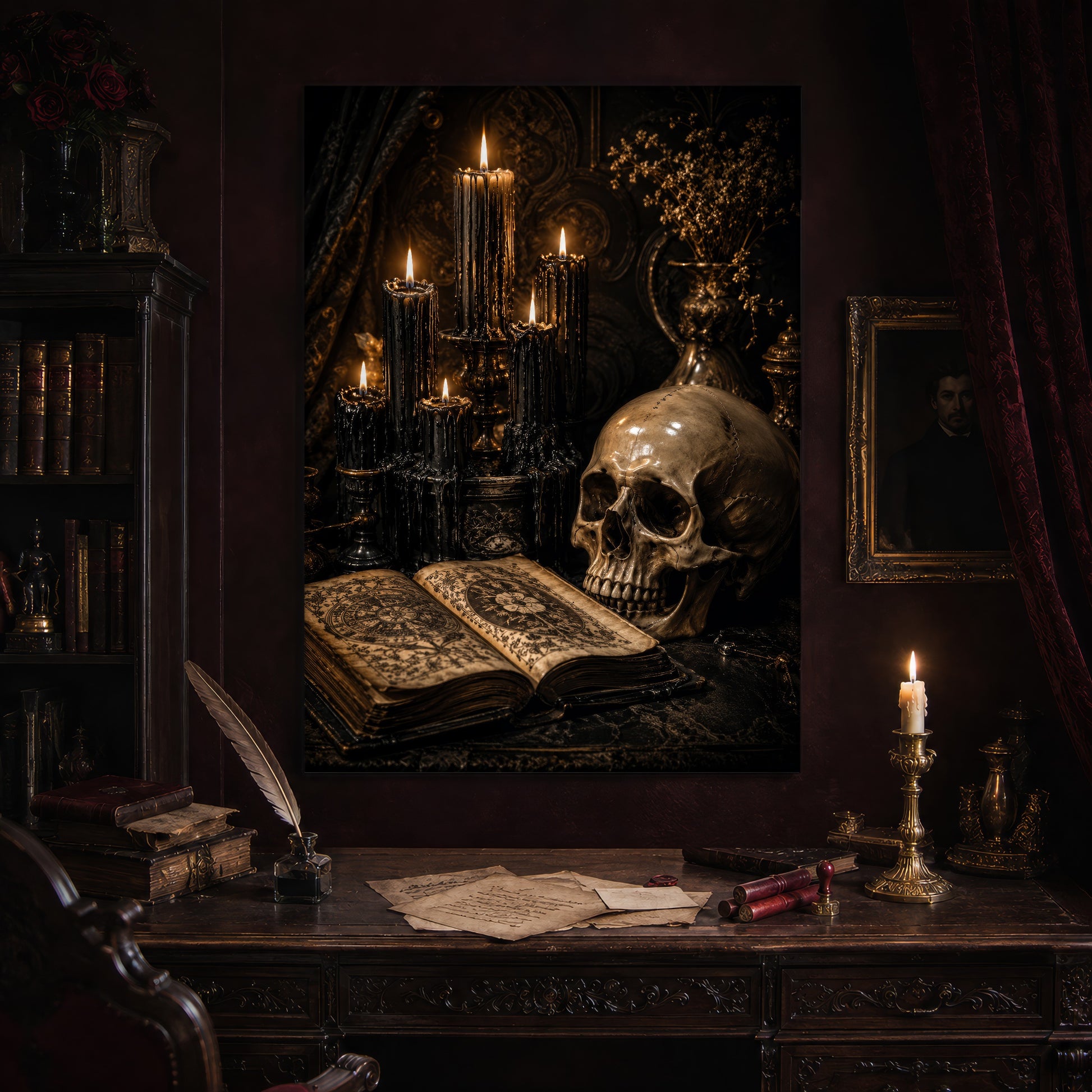 The Black Hours print hanging above an antique carved writing desk set with a quill in an inkwell, aged letters, red wax seals and a lit brass candlestick, beside a dark bookcase and a gilt-framed Victorian portrait.