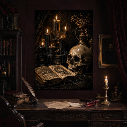 The Black Hours print hanging above an antique carved writing desk set with a quill in an inkwell, aged letters, red wax seals and a lit brass candlestick, beside a dark bookcase and a gilt-framed Victorian portrait.