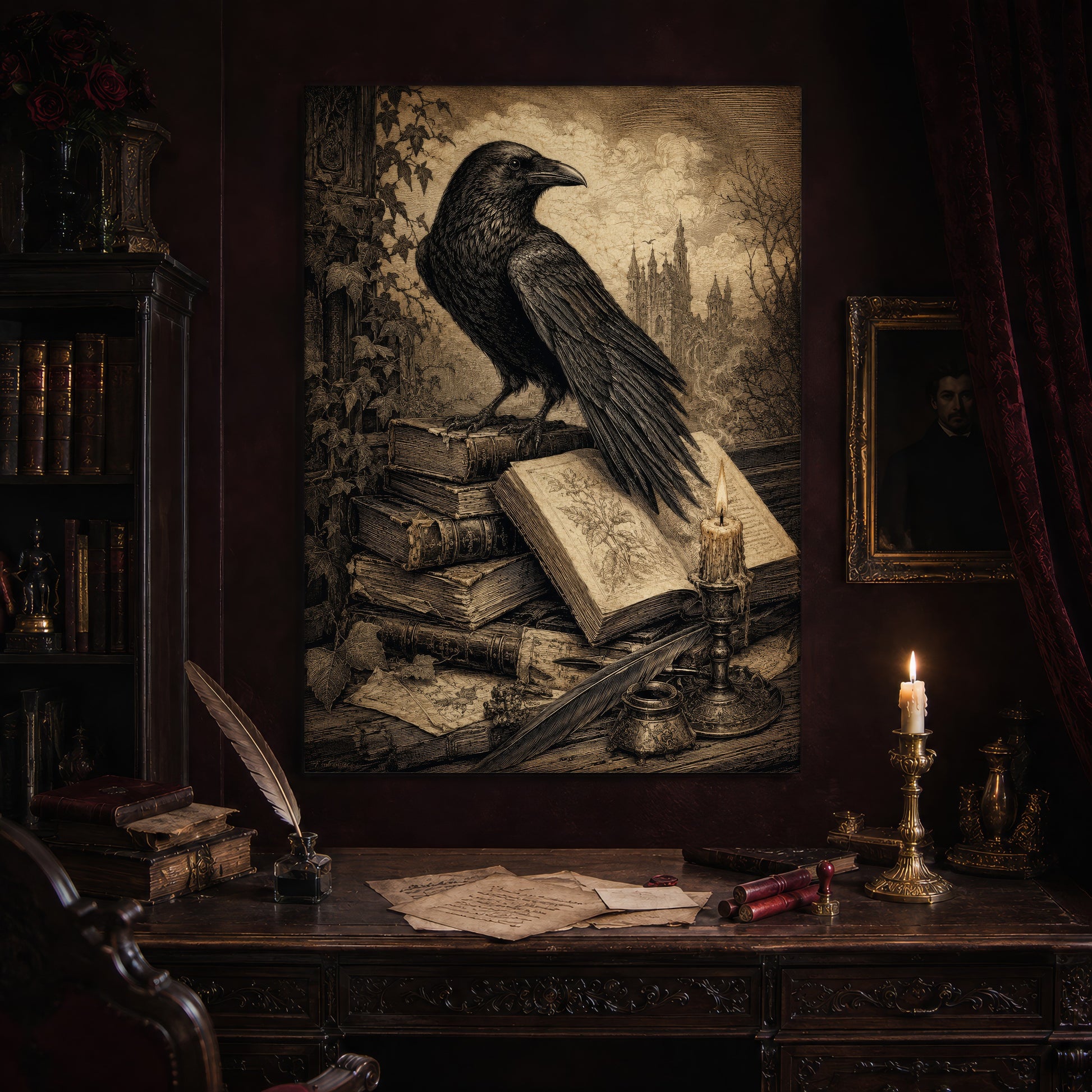 Muninn's Vigil print hanging above an antique carved writing desk set with a quill in an inkwell, aged letters, red wax seals and a lit brass candlestick, beside a dark bookcase and a gilt-framed Victorian portrait.