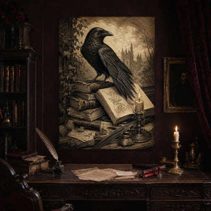 Muninn's Vigil print hanging above an antique carved writing desk set with a quill in an inkwell, aged letters, red wax seals and a lit brass candlestick, beside a dark bookcase and a gilt-framed Victorian portrait.