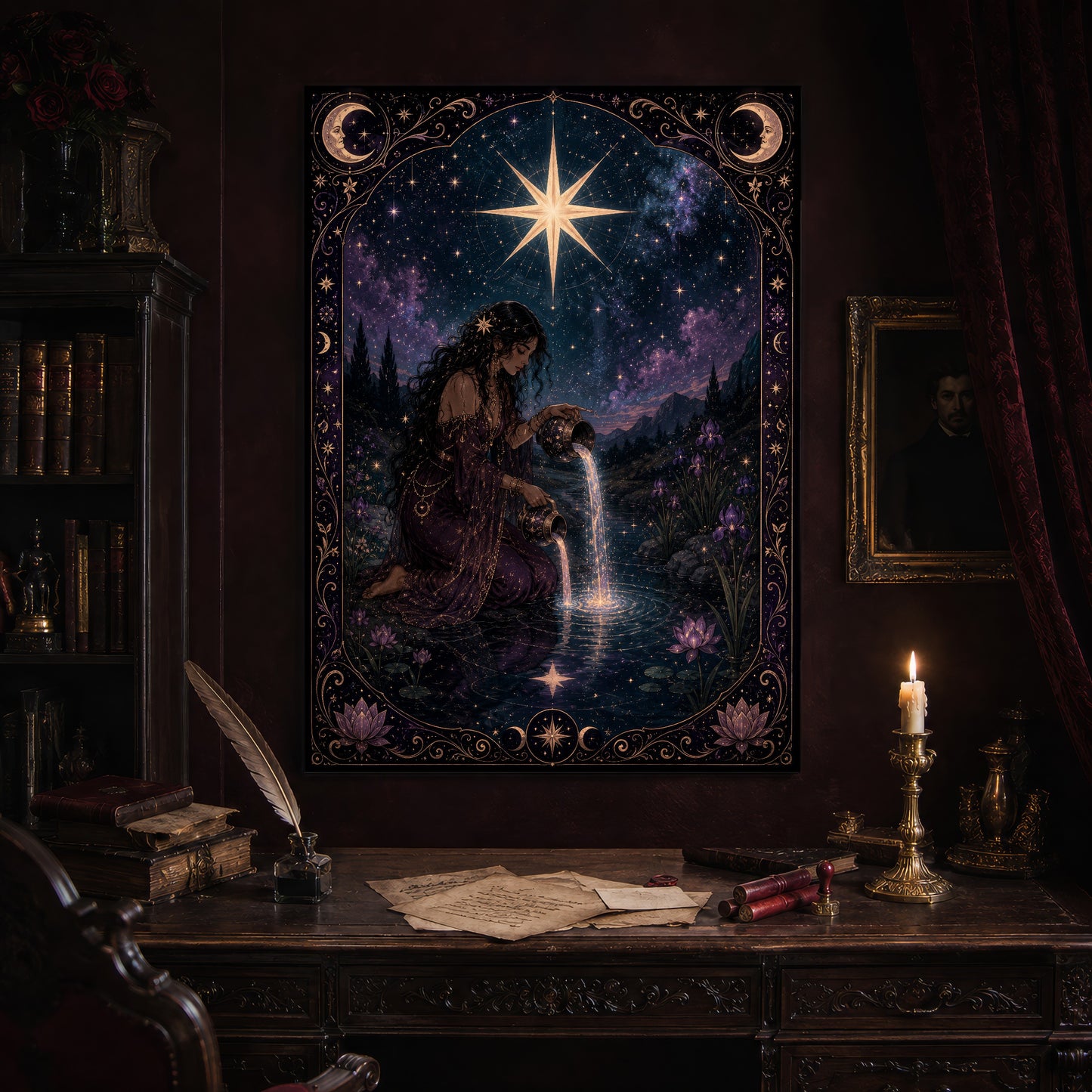 Nocturne Tarot: The Star print hanging above an antique carved writing desk set with a quill in an inkwell, aged letters, red wax seals and a lit brass candlestick, beside a dark bookcase and a gilt-framed Victorian portrait.