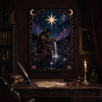 Nocturne Tarot: The Star print hanging above an antique carved writing desk set with a quill in an inkwell, aged letters, red wax seals and a lit brass candlestick, beside a dark bookcase and a gilt-framed Victorian portrait.