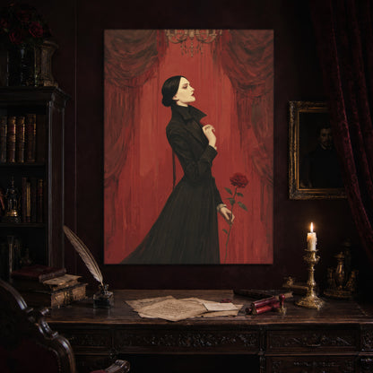 The Countess print hanging above an antique carved writing desk set with a quill in an inkwell, aged letters, red wax seals and a lit brass candlestick, beside a dark bookcase and a gilt-framed Victorian portrait.