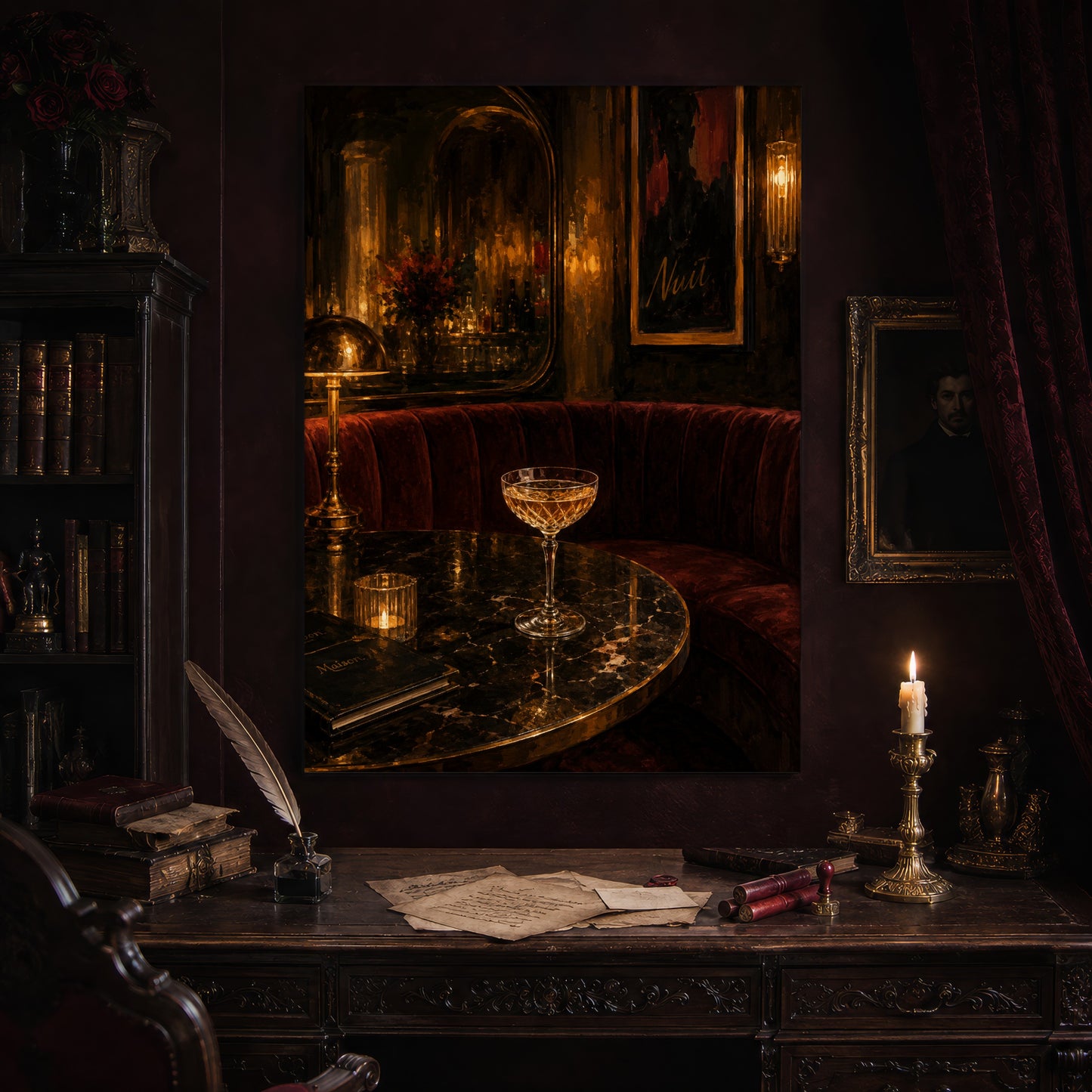 Nuit print hanging above an antique carved writing desk set with a quill in an inkwell, aged letters, red wax seals and a lit brass candlestick, beside a dark bookcase and a gilt-framed Victorian portrait.