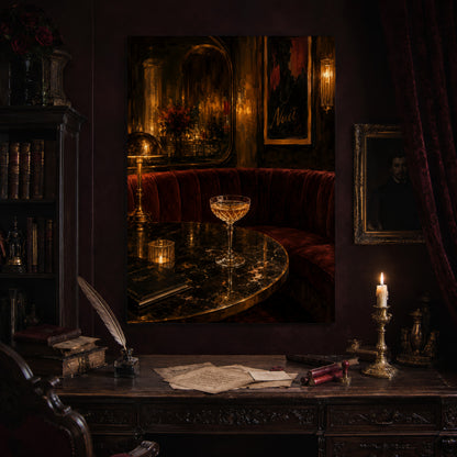 Nuit print hanging above an antique carved writing desk set with a quill in an inkwell, aged letters, red wax seals and a lit brass candlestick, beside a dark bookcase and a gilt-framed Victorian portrait.