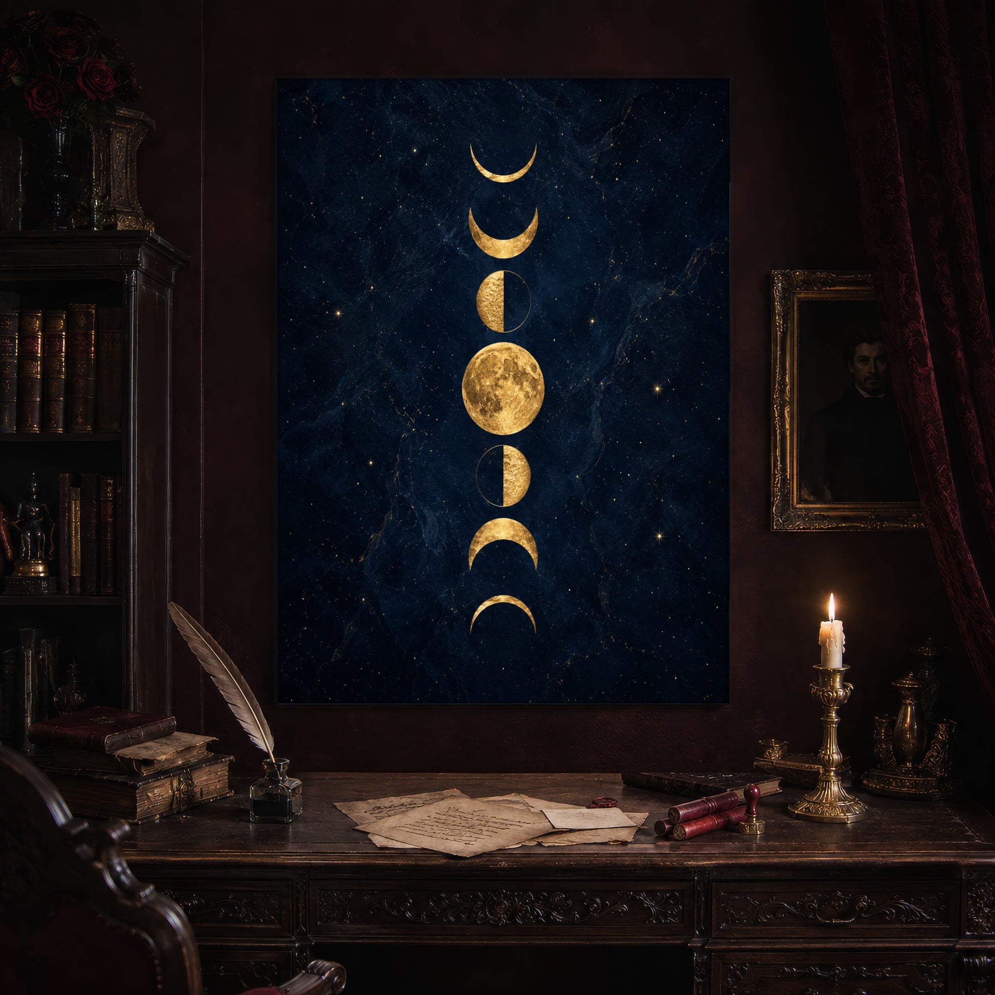 Lunarium celestial print hanging above an antique carved writing desk set with a quill in an inkwell, aged letters, red wax seals and a lit brass candlestick, beside a dark bookcase and a gilt-framed Victorian portrait.