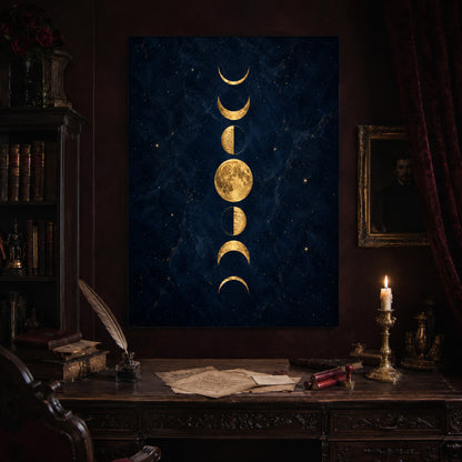 Lunarium celestial print hanging above an antique carved writing desk set with a quill in an inkwell, aged letters, red wax seals and a lit brass candlestick, beside a dark bookcase and a gilt-framed Victorian portrait.