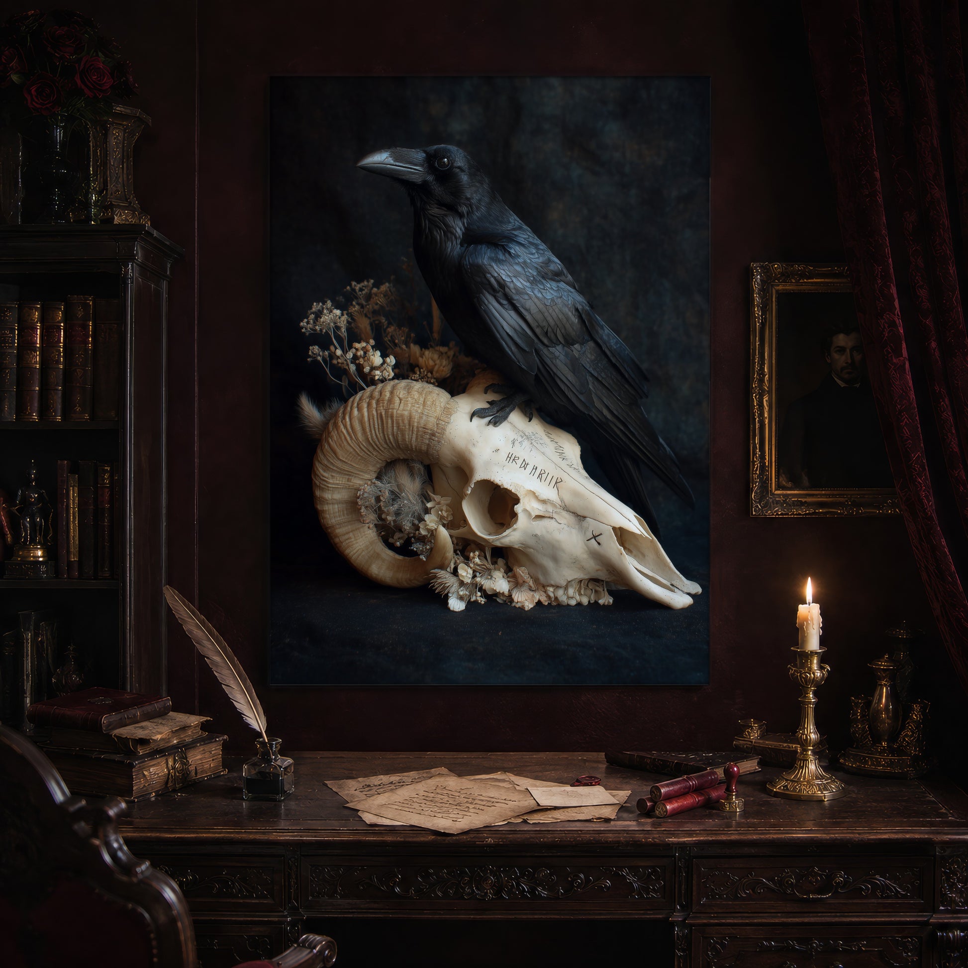 Hel print hanging above an antique carved writing desk set with a quill in an inkwell, aged letters, red wax seals and a lit brass candlestick, beside a dark bookcase and a gilt-framed Victorian portrait.