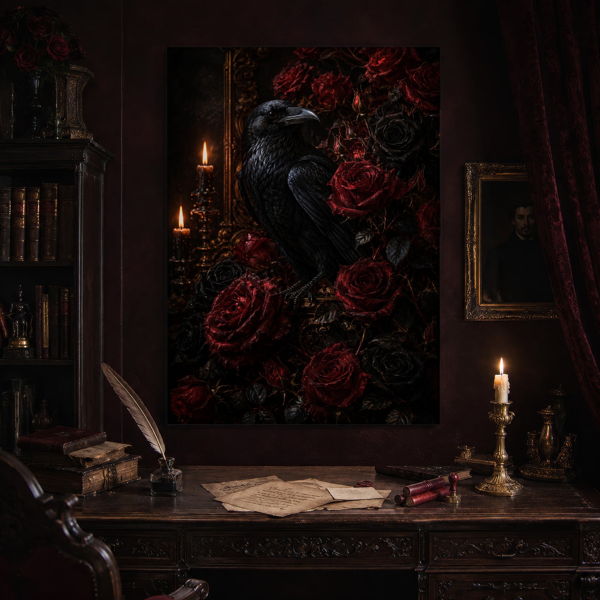  Lenore raven and roses print hanging above an antique carved writing desk set with a quill in an inkwell, aged letters, red wax seals and a lit brass candlestick, beside a dark bookcase and a gilt-framed Victorian portrait.
