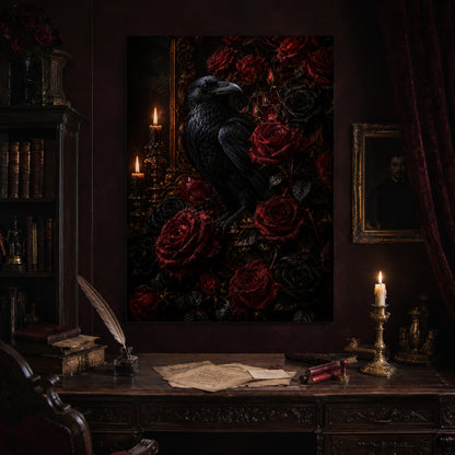  Lenore raven and roses print hanging above an antique carved writing desk set with a quill in an inkwell, aged letters, red wax seals and a lit brass candlestick, beside a dark bookcase and a gilt-framed Victorian portrait.