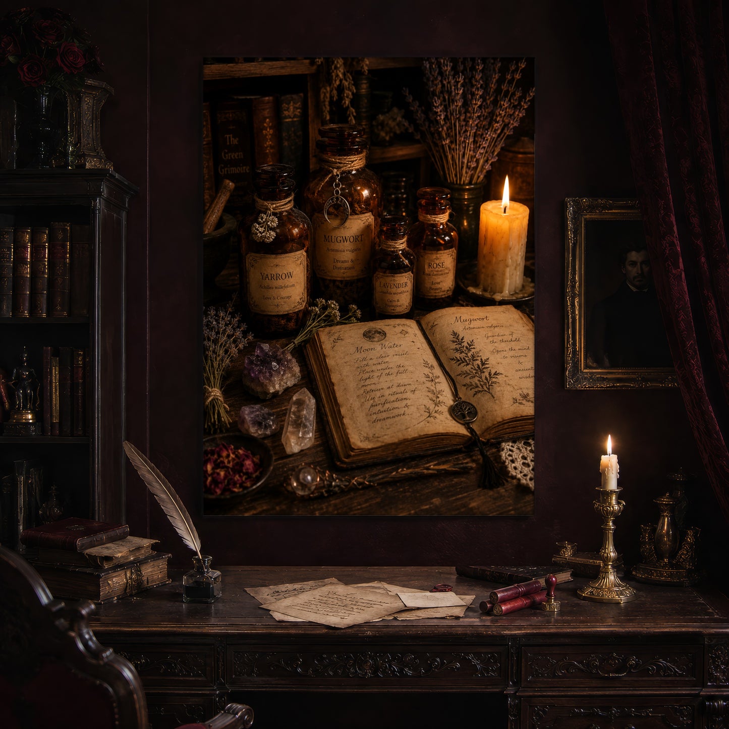 The Still Room grimoire print hanging above an antique carved writing desk set with a quill in an inkwell, aged letters, red wax seals and a lit brass candlestick, beside a dark bookcase and a gilt-framed Victorian portrait.