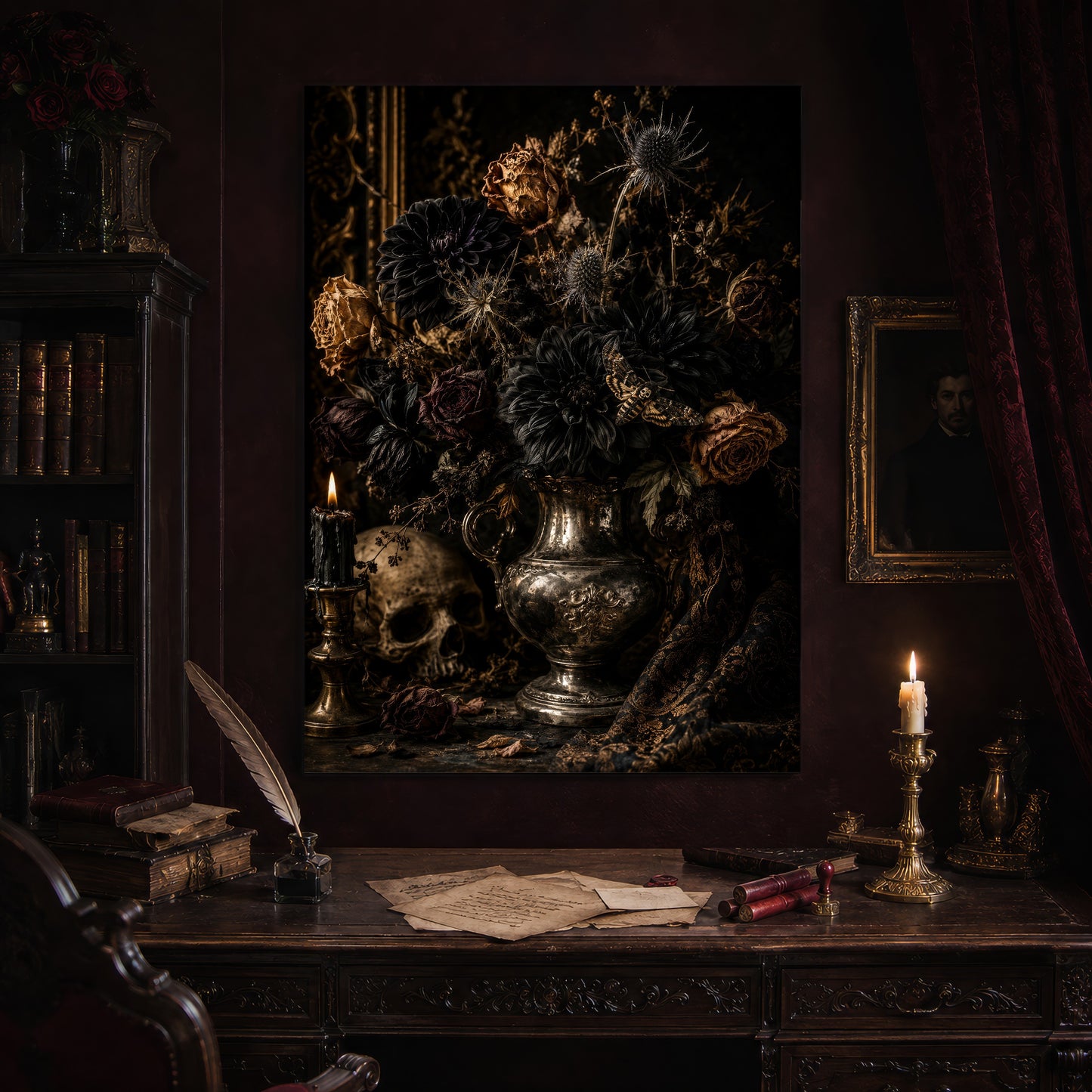 Threnody print hanging above an antique carved writing desk set with a quill in an inkwell, aged letters, red wax seals and a lit brass candlestick, beside a dark bookcase and a gilt-framed Victorian portrait.