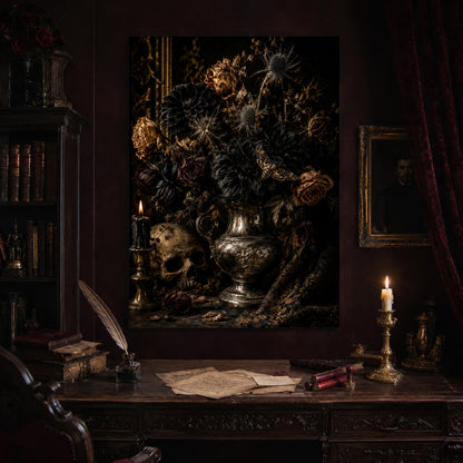 Threnody print hanging above an antique carved writing desk set with a quill in an inkwell, aged letters, red wax seals and a lit brass candlestick, beside a dark bookcase and a gilt-framed Victorian portrait.