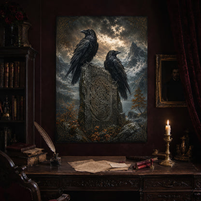 The Watchstone print hanging above an antique carved writing desk set with a quill in an inkwell, aged letters, red wax seals and a lit brass candlestick, beside a dark bookcase and a gilt-framed Victorian portrait.
