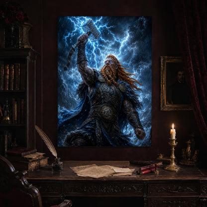 Mjölnir print hanging above an antique carved writing desk set with a quill in an inkwell, aged letters, red wax seals and a lit brass candlestick, beside a dark bookcase and a gilt-framed Victorian portrait.