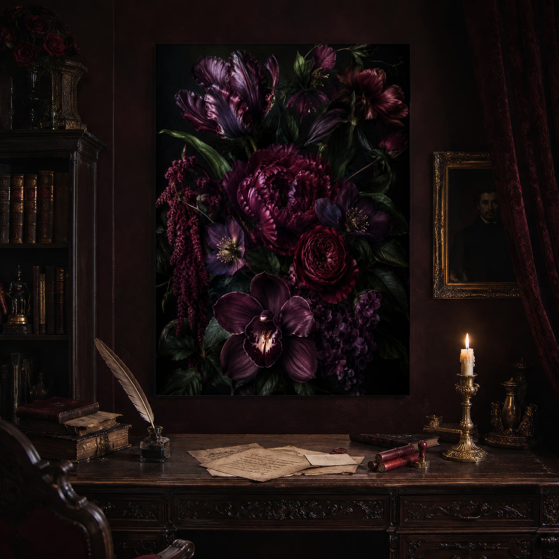 Umbra still life print hanging above an antique carved writing desk set with a quill in an inkwell, aged letters, red wax seals and a lit brass candlestick, beside a dark bookcase and a gilt-framed Victorian portrait.