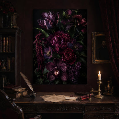 Umbra still life print hanging above an antique carved writing desk set with a quill in an inkwell, aged letters, red wax seals and a lit brass candlestick, beside a dark bookcase and a gilt-framed Victorian portrait.