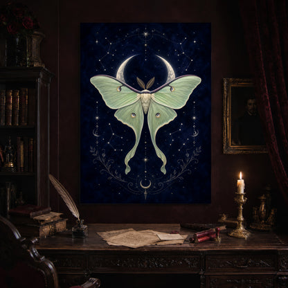 Verdigris luna moth print hanging above an antique carved writing desk set with a quill in an inkwell, aged letters, red wax seals and a lit brass candlestick, beside a dark bookcase and a gilt-framed Victorian portrait.