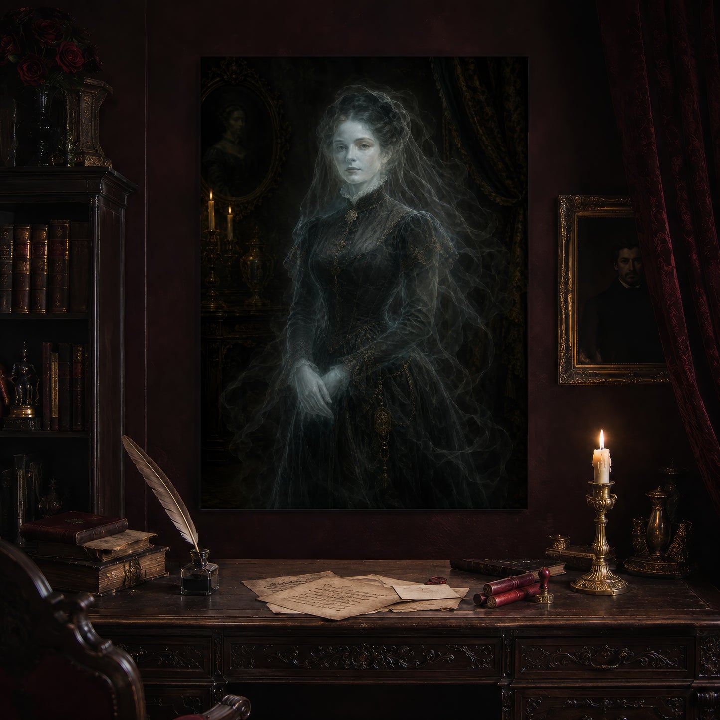 The Grey Lady print hanging above an antique carved writing desk set with a quill in an inkwell, aged letters, red wax seals and a lit brass candlestick, beside a dark bookcase and a gilt-framed Victorian portrait.