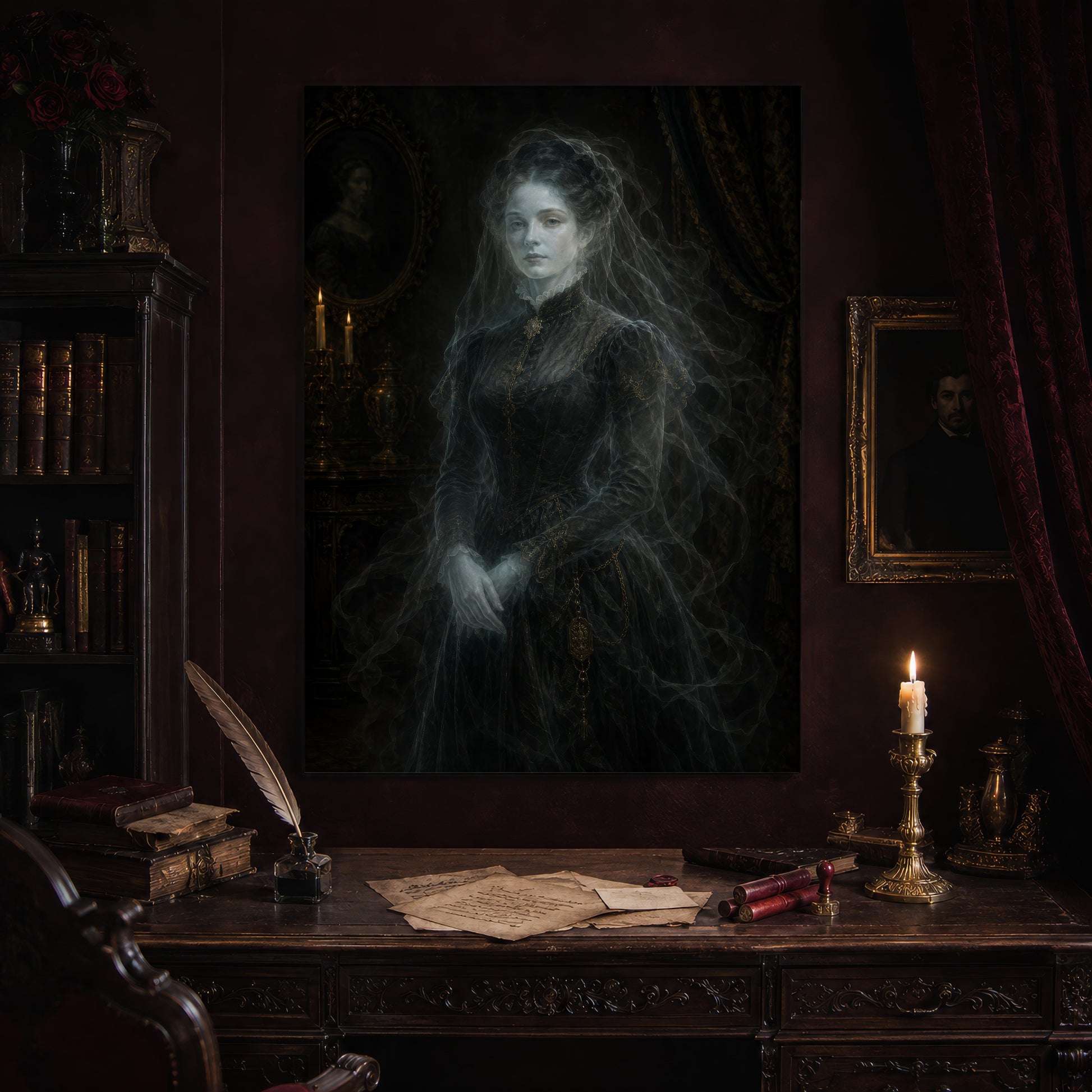 The Grey Lady print hanging above an antique carved writing desk set with a quill in an inkwell, aged letters, red wax seals and a lit brass candlestick, beside a dark bookcase and a gilt-framed Victorian portrait.