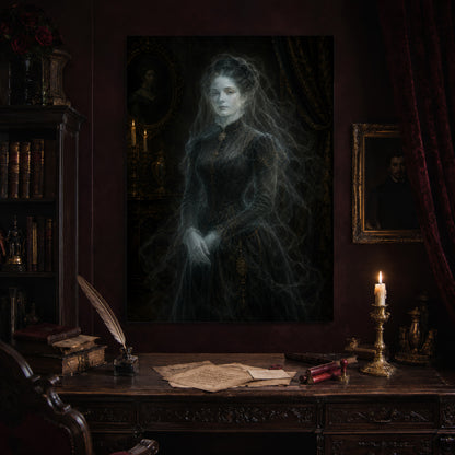 The Grey Lady print hanging above an antique carved writing desk set with a quill in an inkwell, aged letters, red wax seals and a lit brass candlestick, beside a dark bookcase and a gilt-framed Victorian portrait.