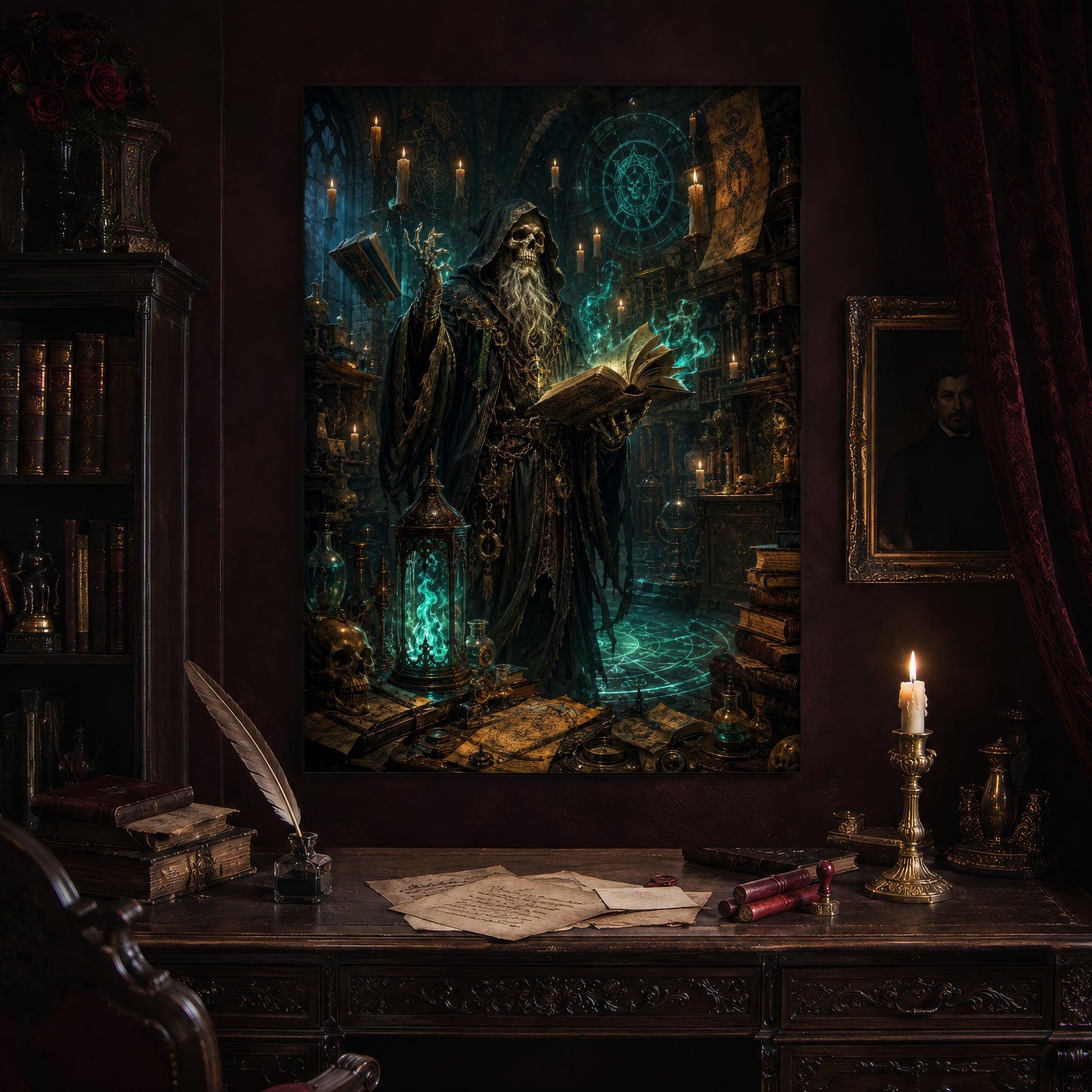The Hollow Archivist print hanging above an antique carved writing desk set with a quill in an inkwell, aged letters, red wax seals and a lit brass candlestick, beside a dark bookcase and a gilt-framed Victorian portrait.