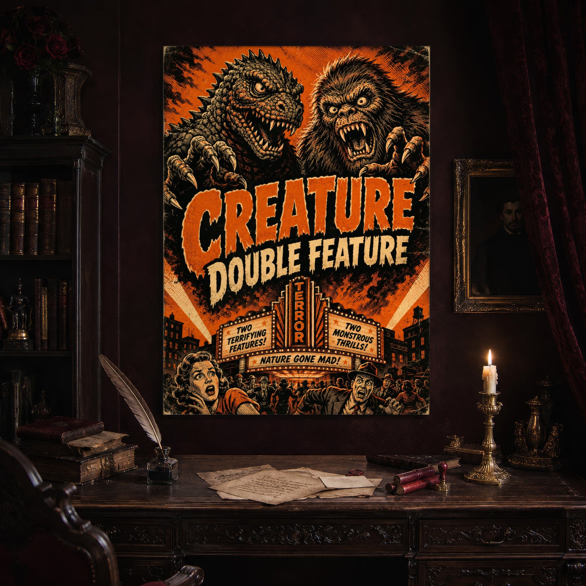 Marquee Mayhem print hanging above an antique carved writing desk set with a quill in an inkwell, aged letters, red wax seals and a lit brass candlestick, beside a dark bookcase and a gilt-framed Victorian portrait.
