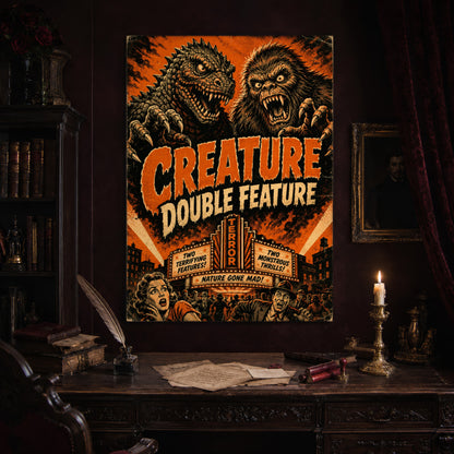 Marquee Mayhem print hanging above an antique carved writing desk set with a quill in an inkwell, aged letters, red wax seals and a lit brass candlestick, beside a dark bookcase and a gilt-framed Victorian portrait.