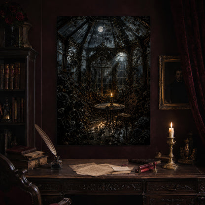 The Winter Garden print hanging above an antique carved writing desk set with a quill in an inkwell, aged letters, red wax seals and a lit brass candlestick, beside a dark bookcase and a gilt-framed Victorian portrait.