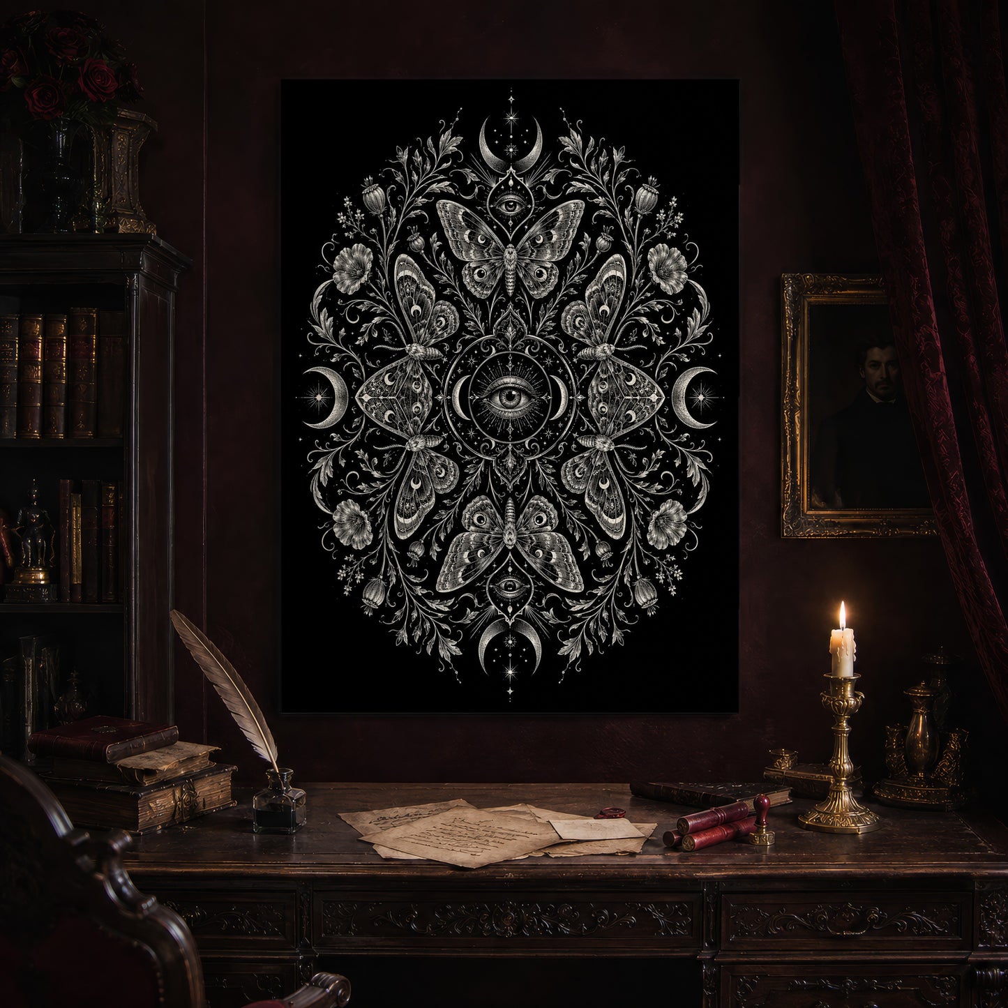 Argus occult print hanging above an antique carved writing desk set with a quill in an inkwell, aged letters, red wax seals and a lit brass candlestick, beside a dark bookcase and a gilt-framed Victorian portrait.