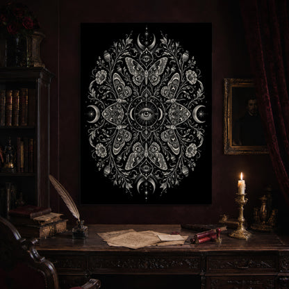 Argus occult print hanging above an antique carved writing desk set with a quill in an inkwell, aged letters, red wax seals and a lit brass candlestick, beside a dark bookcase and a gilt-framed Victorian portrait.