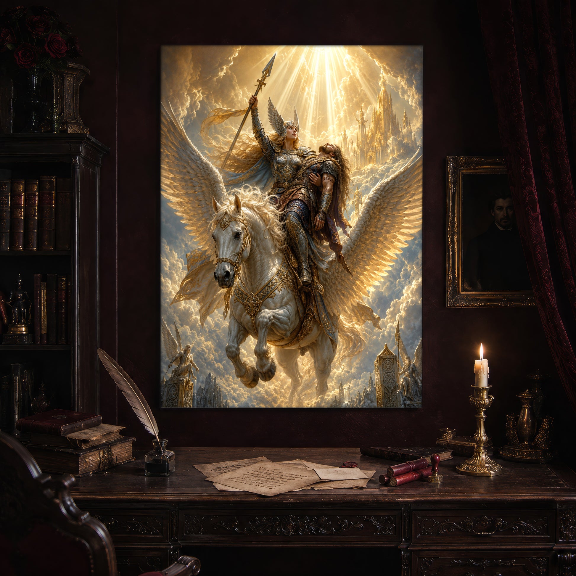 Valkyrie print hanging above an antique carved writing desk set with a quill in an inkwell, aged letters, red wax seals and a lit brass candlestick, beside a dark bookcase and a gilt-framed Victorian portrait.