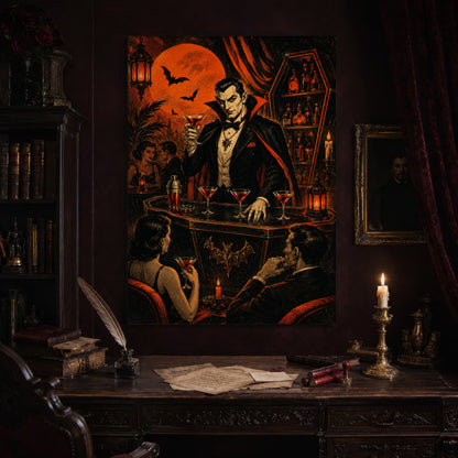 Shaken Not Staked print hanging above an antique carved writing desk set with a quill in an inkwell, aged letters, red wax seals and a lit brass candlestick, beside a dark bookcase and a gilt-framed Victorian portrait.