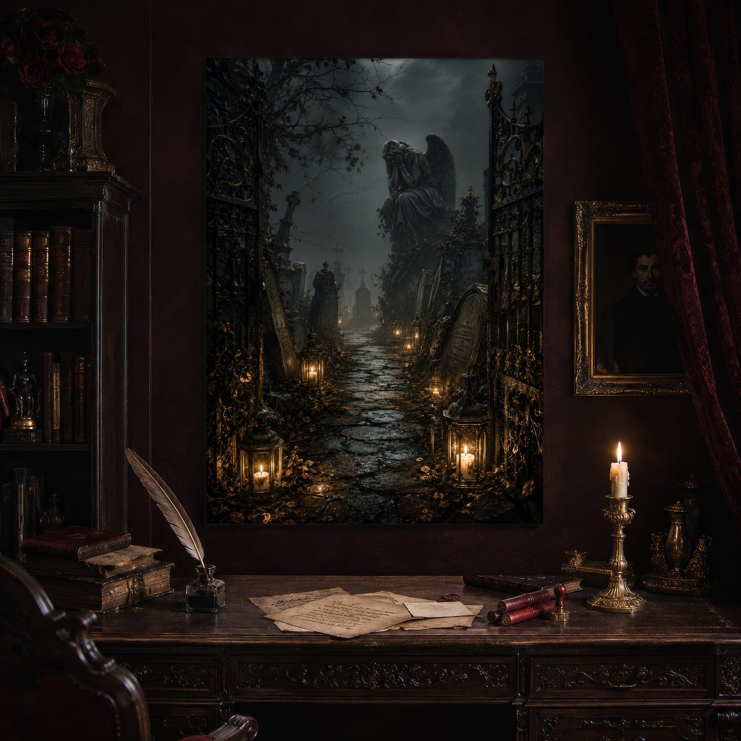 The Lychgate print hanging above an antique carved writing desk set with a quill in an inkwell, aged letters, red wax seals and a lit brass candlestick, beside a dark bookcase and a gilt-framed Victorian portrait.