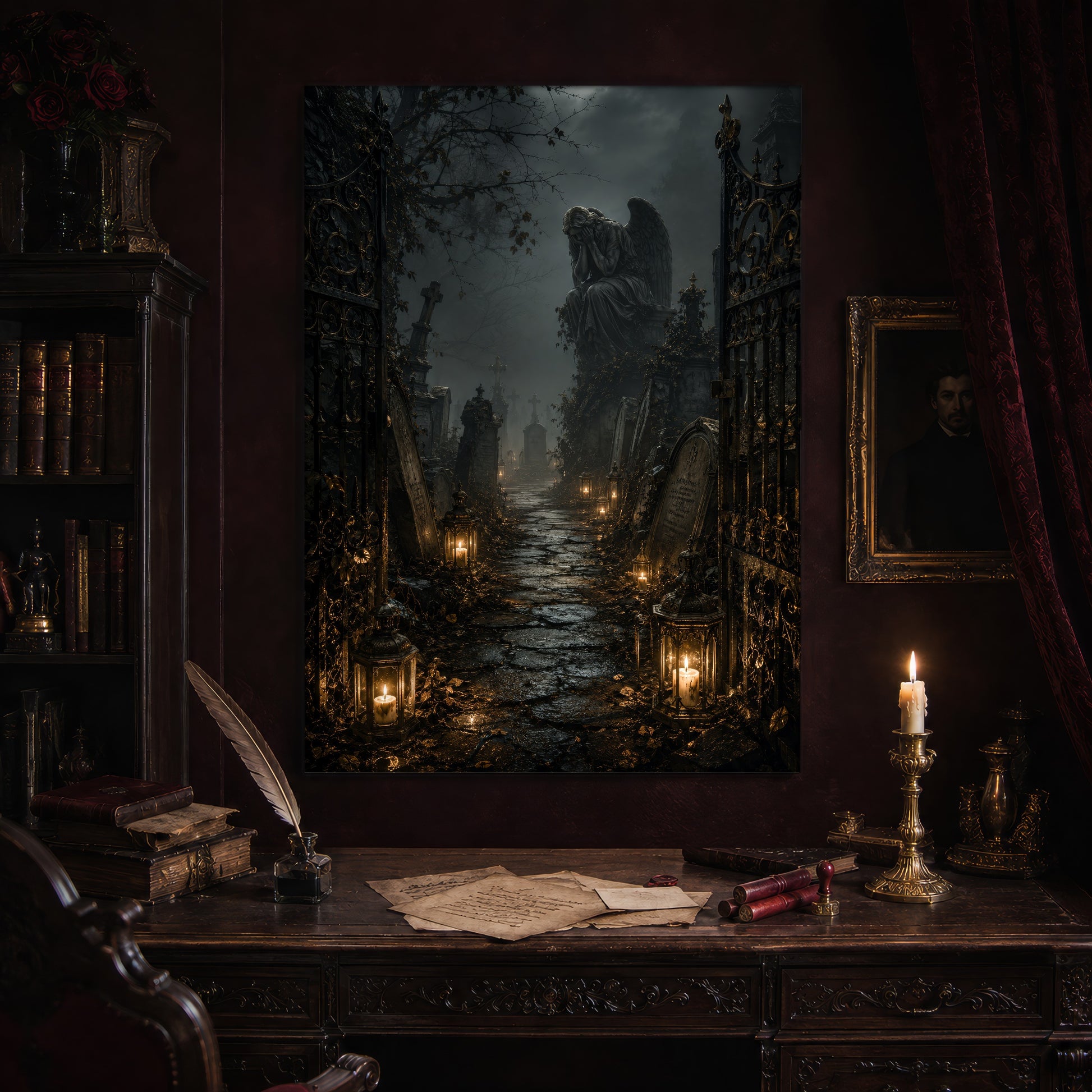 The Lychgate print hanging above an antique carved writing desk set with a quill in an inkwell, aged letters, red wax seals and a lit brass candlestick, beside a dark bookcase and a gilt-framed Victorian portrait.