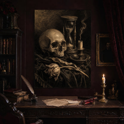 Compline print hanging above an antique carved writing desk set with a quill in an inkwell, aged letters, red wax seals and a lit brass candlestick, beside a dark bookcase and a gilt-framed Victorian portrait.