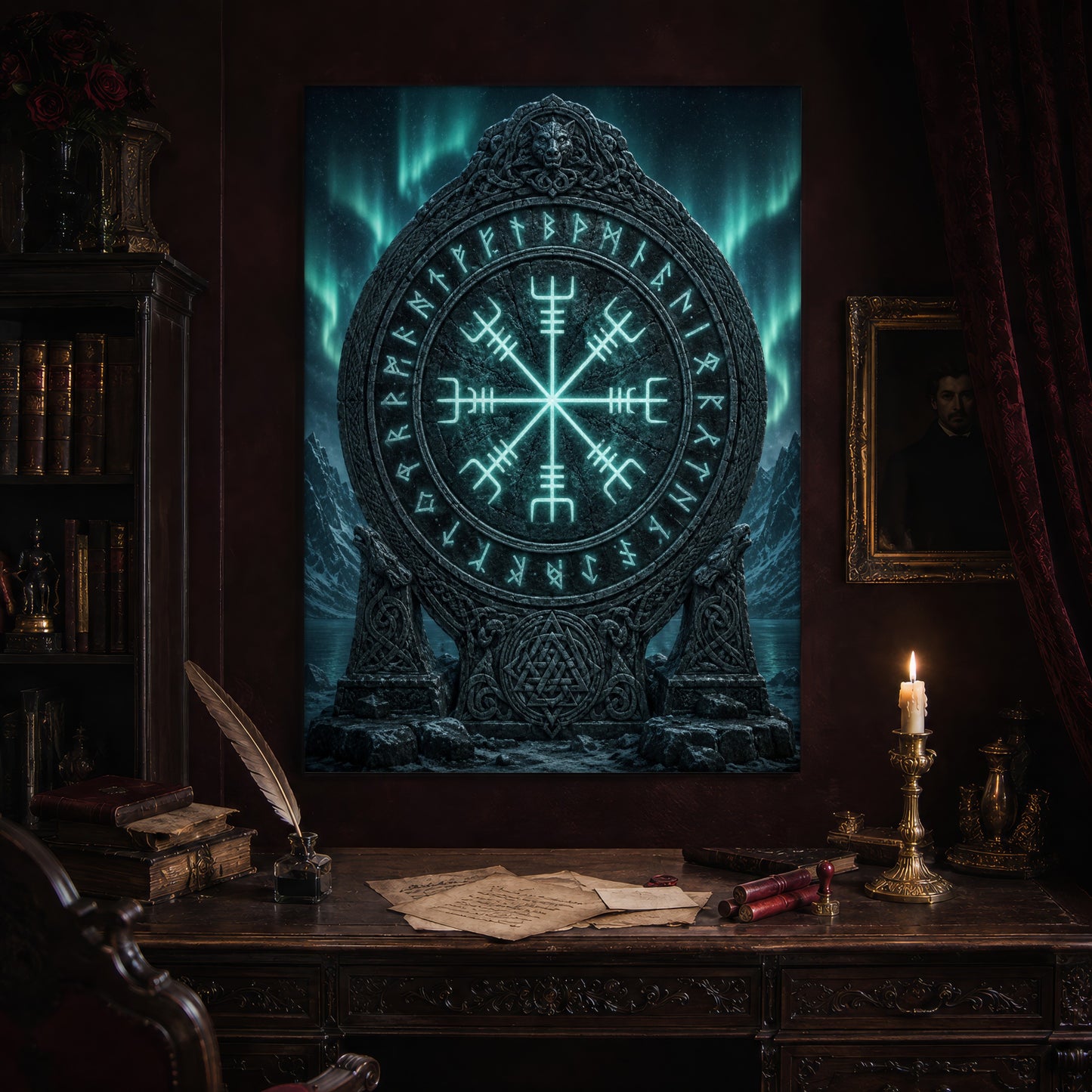 Vegvísir print hanging above an antique carved writing desk set with a quill in an inkwell, aged letters, red wax seals and a lit brass candlestick, beside a dark bookcase and a gilt-framed Victorian portrait.
