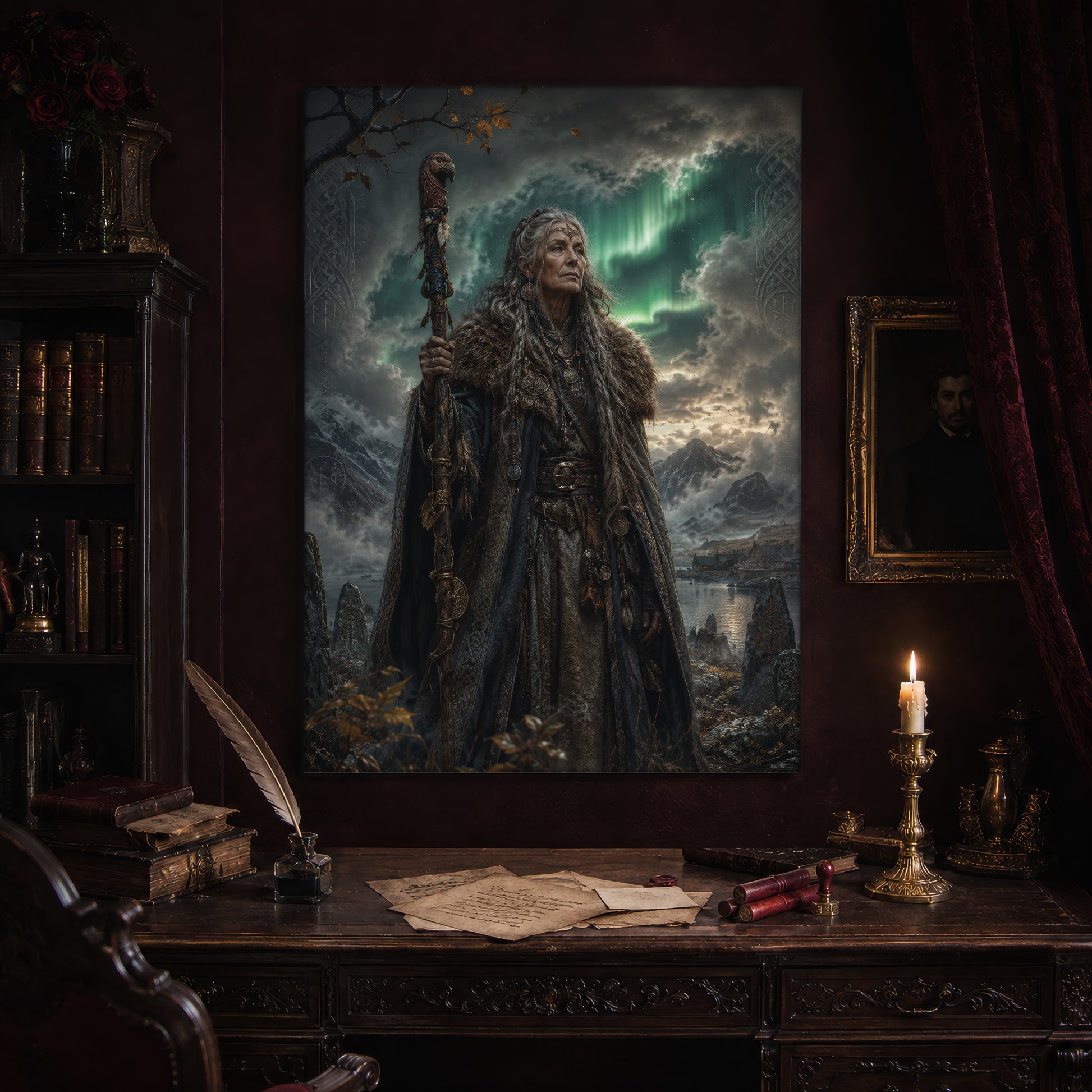 Spákona print hanging above an antique carved writing desk set with a quill in an inkwell, aged letters, red wax seals and a lit brass candlestick, beside a dark bookcase and a gilt-framed Victorian portrait.
