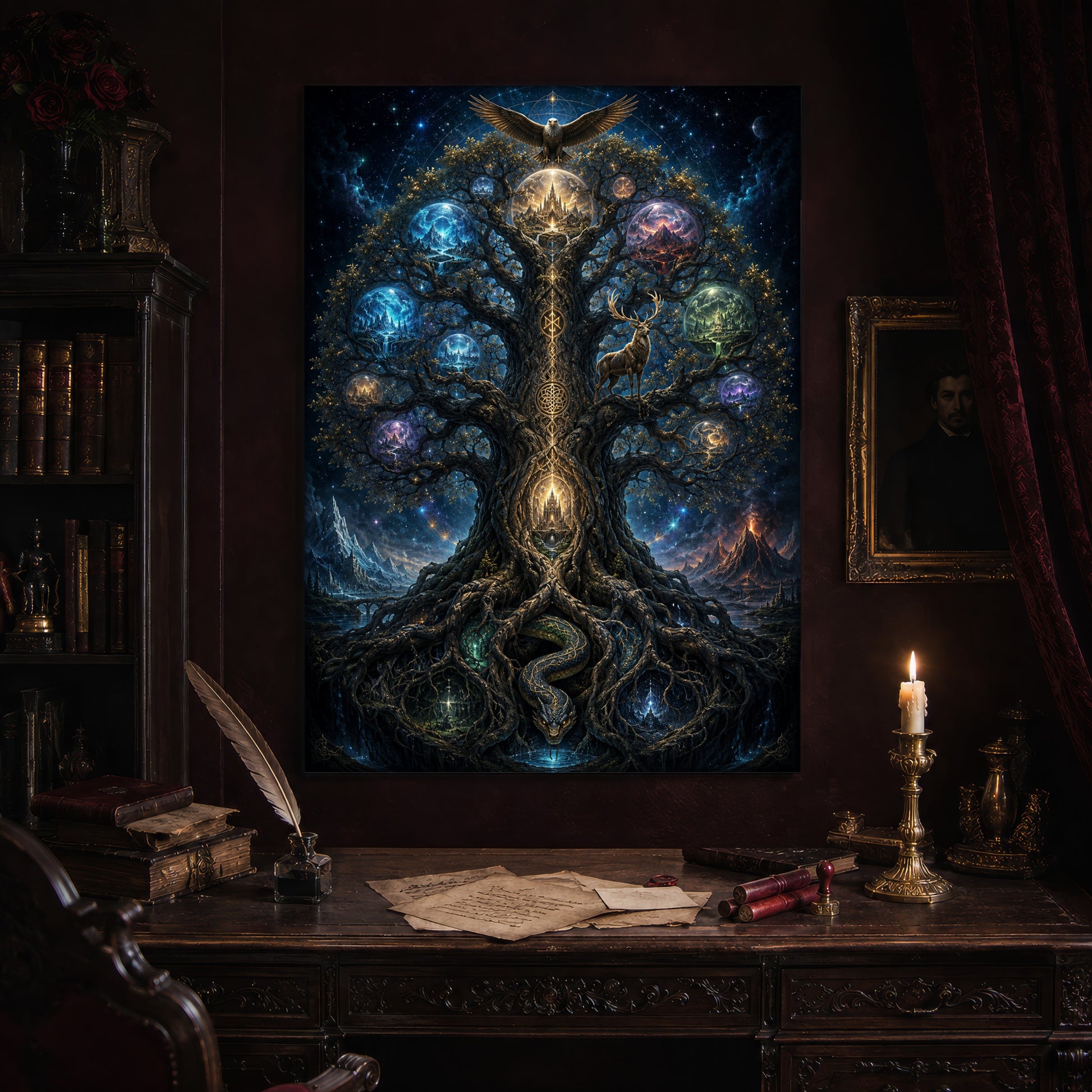 Yggdrasil print hanging above an antique carved writing desk set with a quill in an inkwell, aged letters, red wax seals and a lit brass candlestick, beside a dark bookcase and a gilt-framed Victorian portrait.