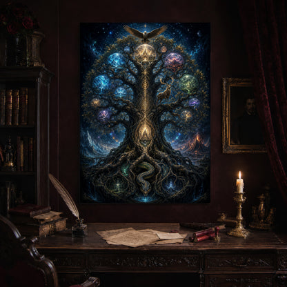 Yggdrasil print hanging above an antique carved writing desk set with a quill in an inkwell, aged letters, red wax seals and a lit brass candlestick, beside a dark bookcase and a gilt-framed Victorian portrait.