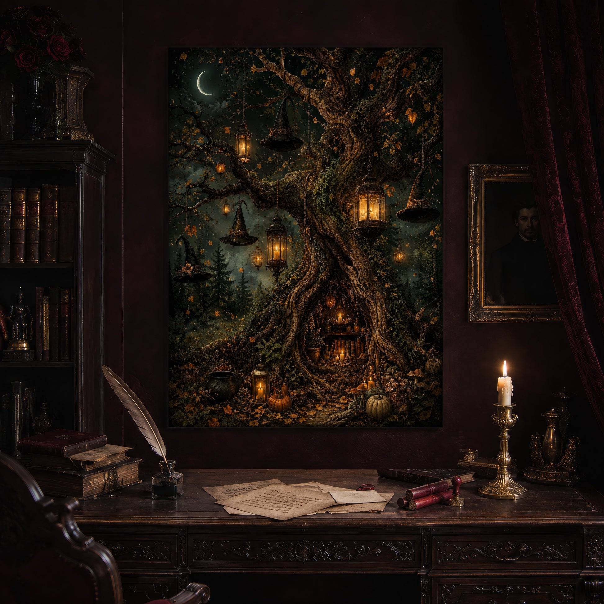 Ember Hollow print hanging above an antique carved writing desk set with a quill in an inkwell, aged letters, red wax seals and a lit brass candlestick, beside a dark bookcase and a gilt-framed Victorian portrait.