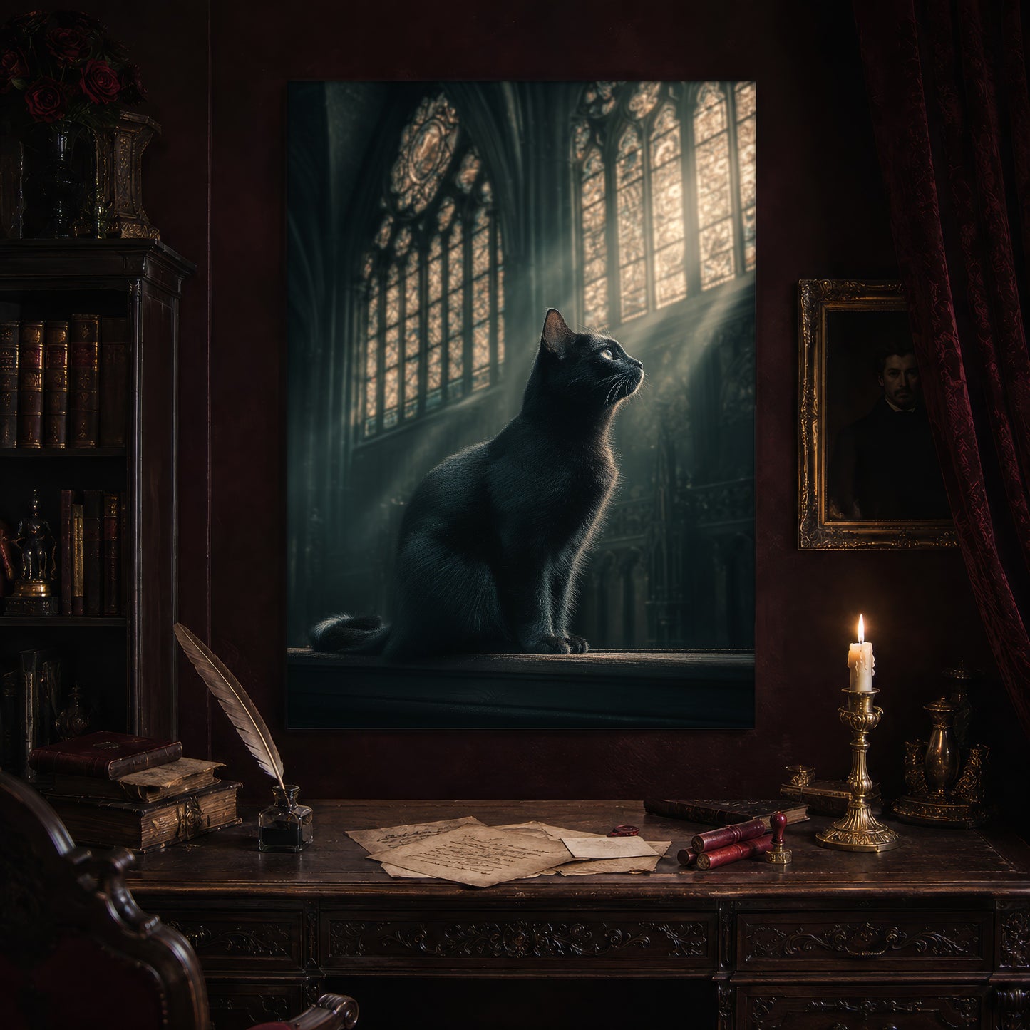 Grimalkin print hanging above an antique carved writing desk set with a quill in an inkwell, aged letters, red wax seals and a lit brass candlestick, beside a dark bookcase and a gilt-framed Victorian portrait.