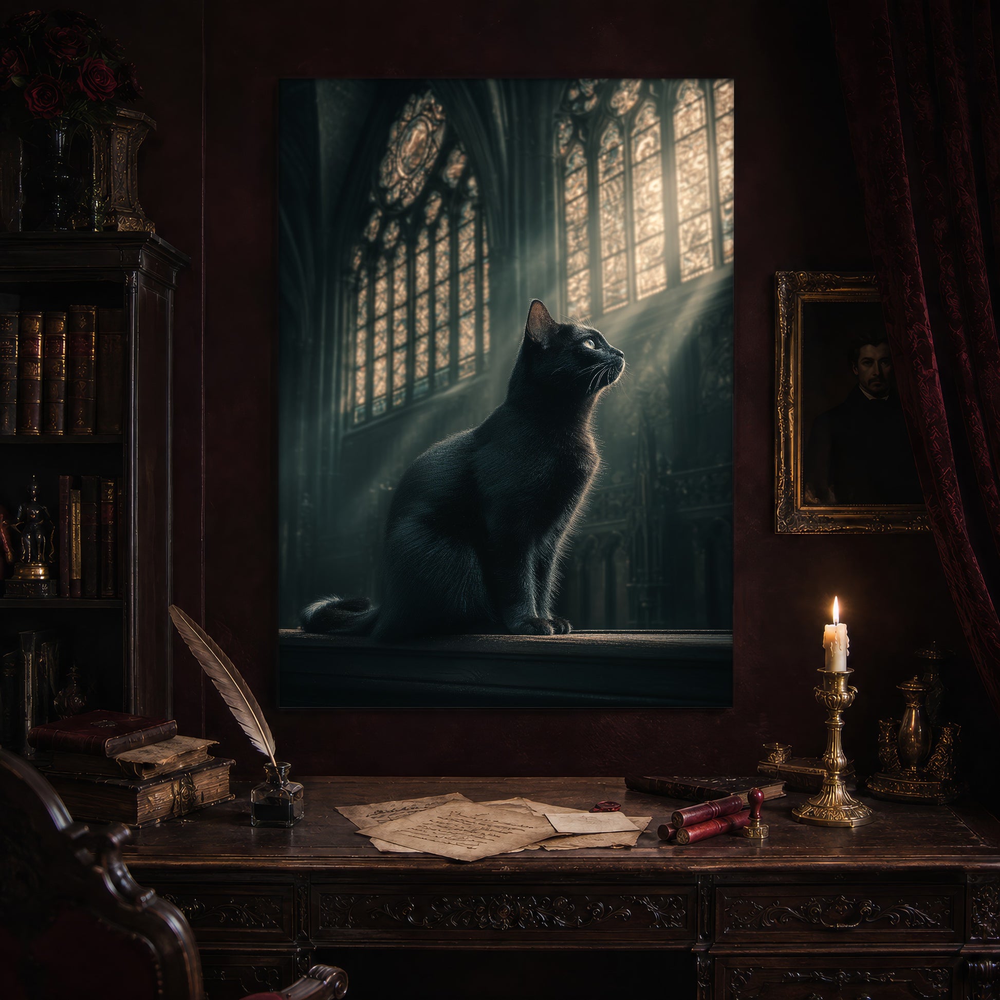 Grimalkin print hanging above an antique carved writing desk set with a quill in an inkwell, aged letters, red wax seals and a lit brass candlestick, beside a dark bookcase and a gilt-framed Victorian portrait.